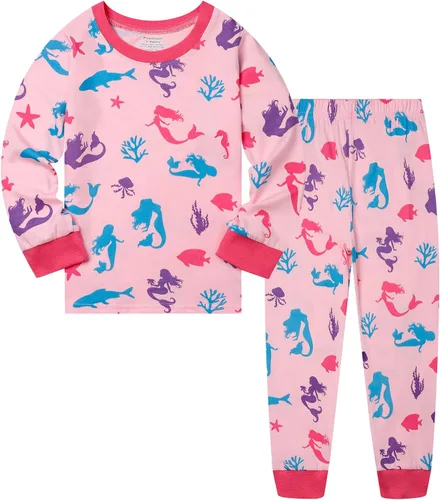 Miniatura 22 de Popshion Pijamas de sirena para niñas pequeñas, juego de 2 piezas, ropa de dormir 100% algodón, ropa para niños, pijamas estilo mariquita