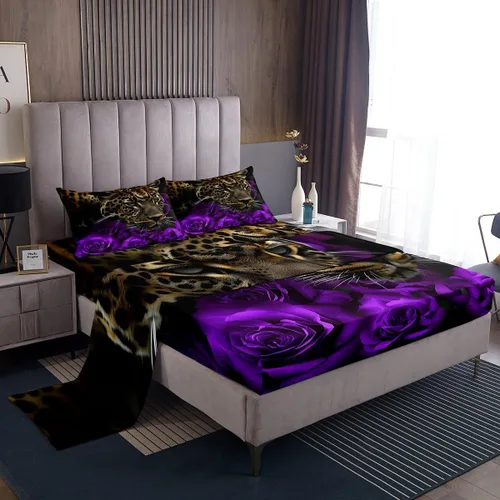 Miniatura 19 de Erosebridal Sábanas de cama de guepardo con rosa roja, juego de sábanas de bolsillo profundo con estampado de leopardo y gato, sábana bajera