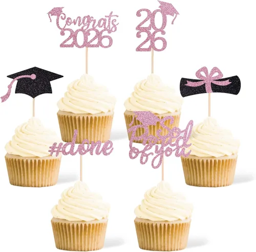 Miniatura 11 de 36 adornos para cupcakes de graduación de clase 2026, con purpurina azul de doble cara para suministros de fiesta de graduación, decoraciones