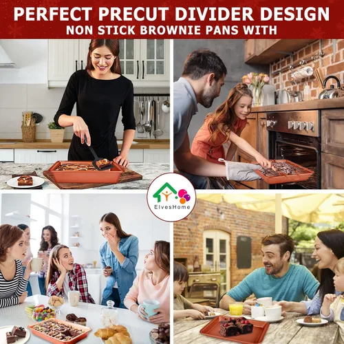 Miniatura 5 de Bandeja para brownie con divisores, bandeja para brownies con cortador, sartén antiadherente para hornear brownie con cepillo para espátula, moldes