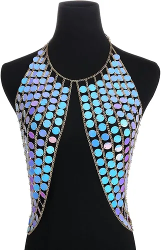 Miniatura 6 de Ingemark Arnés sexy en la cintura para bikini con cadena de cuerpo, collar de hombro para mujer, lentejuelas doradas y plateadas, Sin gemas.