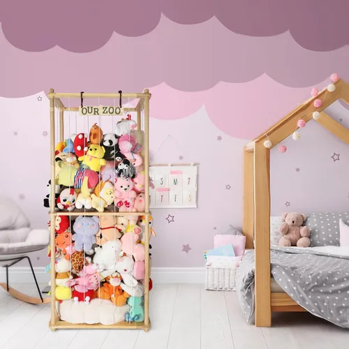 Miniatura 7 de Estante organizador grande de peluche de 63 pulgadas para niños, estante organizador de almacenamiento de felpa de madera con cordón elástico