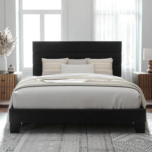 Miniatura 3 de Allewie Base de cama de plataforma tamaño Queen con cabecera tapizada de terciopelo y soporte de listones de madera, base de colchón totalmente Negro