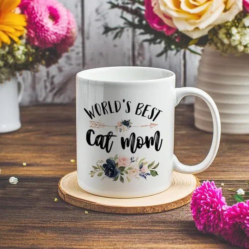 Miniatura 3 de Taza de café de cerámica con diseño de "Cat Mom", los mejores gatos del mundo, regalos para mamá y gato