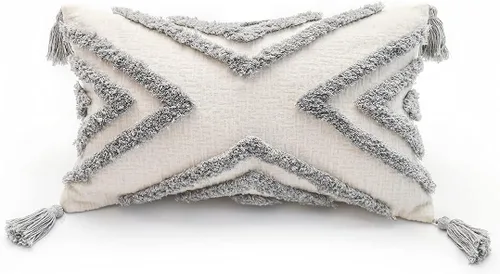 Funda de cojín lumbar gris bohemio de 12 x 20 pulgadas con borlas, tela de chenilla gris geométrica crema; funda de cojín con textura de acento