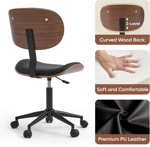 Miniatura 4 de Bestier Silla de oficina pequeña con soporte de respaldo de madera curvada, silla de escritorio sin brazos con giro de 360°, silla de computadora