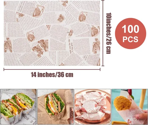 Miniatura 2 de 100 Hojas de Papel Deli, Papel para Envolver Sándwiches de 14 * 10 pulgadas, Papel para Envolver Alimentos, para Panes, Papas Fritas, Sándwiches