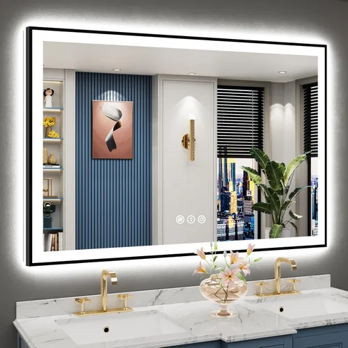 Miniatura 50 de 30x36 Espejo de baño LED con luces, retroiluminado y luz frontal, espejo de tocador iluminado antivaho para pared de baño, 3 colores, regulable