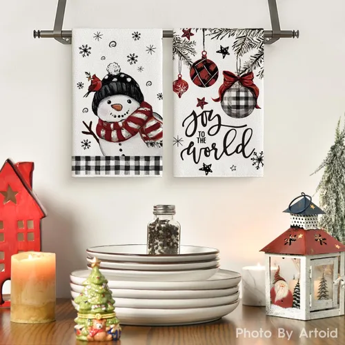 Miniatura 2 de Artoid Mode Toallas de Cocina y Paños de Cocina Navideños Negros y Rojos con Árbol de Navidad y Muñeco de Nieve, 18x26 Pulgadas, Toallas de Mano