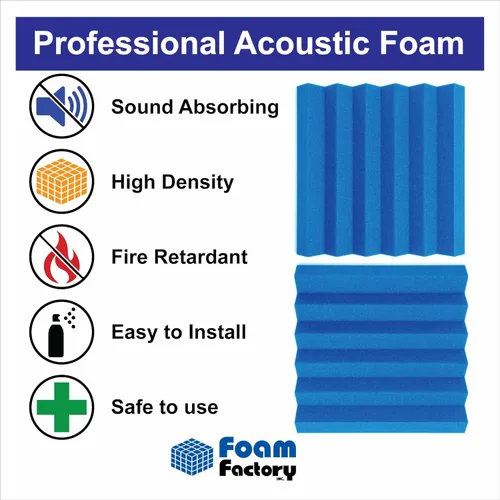 Miniatura 3 de Foam Factory Inc Paquete de 24 Paneles de Espuma Acústica de Color para Estudio Insonorización Cuñas Azulejos de Pared 12" X 12" X 2" (Azul)