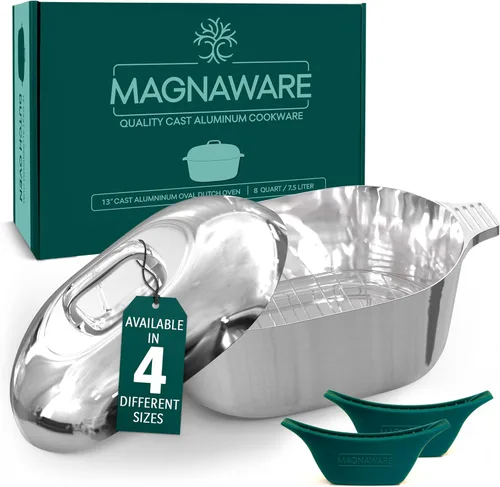 Miniatura 11 de MAGNAWARE Horno holandés ovalado de aluminio fundido con tapa, sartén resistente de 5 cuartos de galón con estante y cubierta de silicona con asas