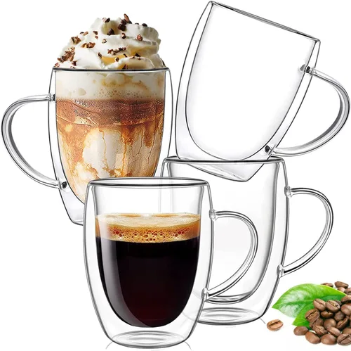 Miniatura 8 de Tazas de café de vidrio de 8 oz de doble pared, juego de 4 tazas de vidrio transparente, tazas de café de vidrio de borosilicato aisladas con asa