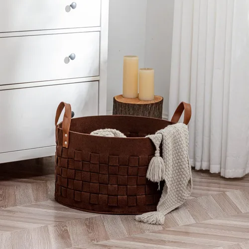 Miniatura 6 de BOLDMONKEY Cesta de lavandería de 20 x 20 x 11.8 pulgadas, canasta grande de tela de fieltro con asa de cuero, cesta redonda para ropa sucia