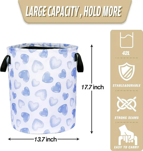Miniatura 2 de Cesta de lavandería con diseño de corazón azul, divertida bolsa plegable de tela Oxford, cesta de almacenamiento de ropa, organizador para baño