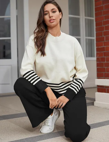 Miniatura 5 de Tanming Conjuntos de descanso para mujer, 2 piezas, suéter de punto, suéter y pantalones de pierna ancha