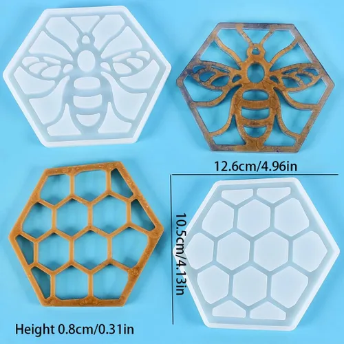 Miniatura 7 de Paquete de 2 moldes hexagonales de resina de silicona de grado alimenticio para fundición epoxi, soporte para tazas de automóvil, bandeja de ágata