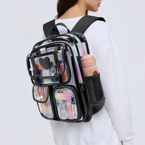 Miniatura 6 de Mochila transparente de PVC impermeable y resistente al congelamiento, de gran capacidad, elegante y duradera para viajes, Negro, Moderno