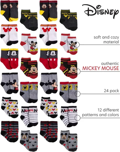 Miniatura 2 de Disney Calcetines de Mickey Mouse para bebés y niños, paquete de 24 calcetines para recién nacidos, para bebés (tamaño 0-24 meses)