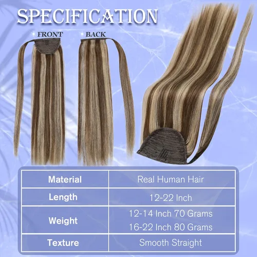 Miniatura 3 de Full Shine - Extensión de cola de caballo con clip, color marrón oscuro con mechas rubio miel, extensión de cabello humano real para mujeres, 14