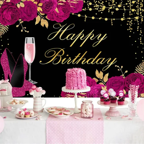 Miniatura 2 de Mocsicka Telón de fondo rosa negro con purpurina para mujer, de tacón alto, para decoración de cumpleaños de niñas, decoración de fiesta de feliz