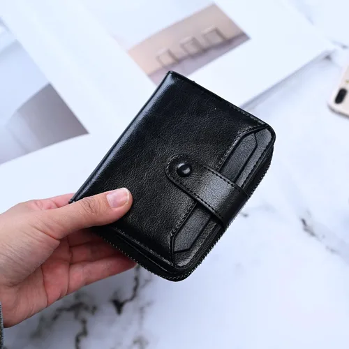 Miniatura 2 de Billetera pequeña para mujer con bloqueo RFID, cierre de cuero, bolsillo para monedas, tarjetero, con ventana de identificación, Negro