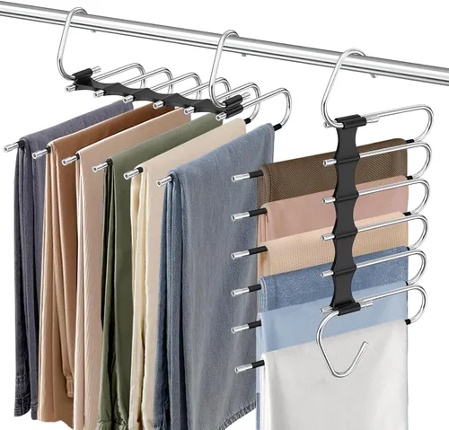 Miniatura 16 de Perchas para pantalones de 9 niveles que ahorran espacio, paquete de 2 organizadores multifuncionales de acero inoxidable para armario para Blanco