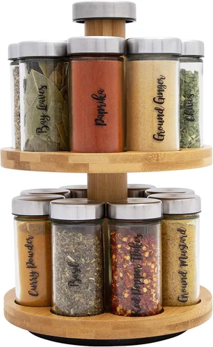 Orii Estante de especias para 16 tarros con especias incluidas, organizador giratorio de torre de 2 niveles para especias y condimentos de cocina