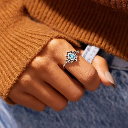 Miniatura 4 de Anillo de loto de plata de ley 925 auténtica, con diseño de flor de loto, para yoga, alto pulido, resistente al deslustre, con incrustaciones