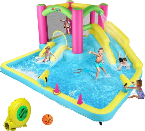 JOYMOR Casa inflable de rebote con tobogán acuático doble para niños de 3 a 10 años, cañones de agua para piscina con salpicaduras, juegos de