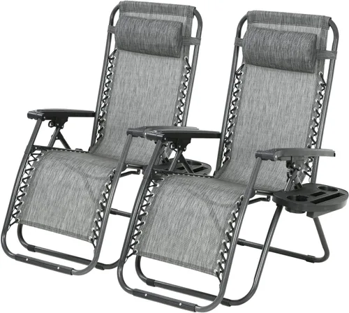 PayLessHere Juego de 2 sillas plegables ajustables de gravedad cero, silla de playa de textileno con almohada extraíble y soporte para tazas para