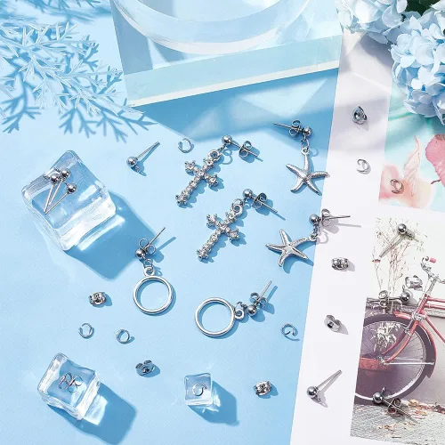 Miniatura 6 de PH PandaHall 300 aretes de bola, de acero inoxidable 304, con parte trasera de aretes de mariposa y anillos abiertos para hacer aretes de joyería