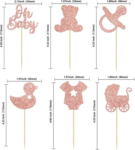 Miniatura 2 de Gyufise 36 piezas Adornos para cupcakes de baby shower con purpurina, chupete, carrito de bebé, oso, Oh Baby, púas para cupcakes para revelación