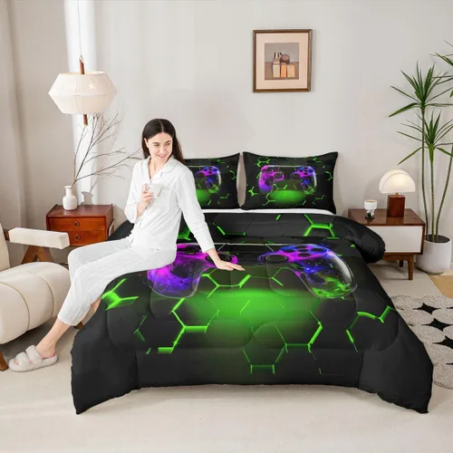 Miniatura 22 de Manfei Juego de edredón moderno de 2 piezas con estampado de consola de videojuegos de panal azul con 1 funda de almohada, juego de ropa de cama
