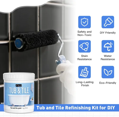 Miniatura 8 de DWIL Pintura para Bañera, Kit de Renovación de Bañera y Azulejos 33 oz con Herramientas, Kit de Renovación de Azulejos Pintura Negra para Bañera a