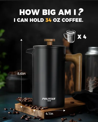 Miniatura 7 de POLIVIAR - Cafetera de prensa francesa, prensa de café de 34 onzas con mango de madera real, aislamiento de doble pared y pantalla de doble filtro