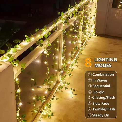 Miniatura 3 de Brizled Guirnalda de luces solares de vid de 33 pies, 100 luces LED solares, 8 modos, hojas de hiedra artificial, luces solares de vid, luces