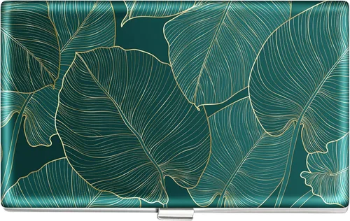 Swooflia Funda para tarjetas de visita para hombres y mujeres, de metal verde con hojas tropicales tropicales, monedero delgado de bolsillo, fundas