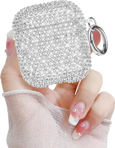 Miniatura 11 de Newseego Funda para AirPods de 1 y 2 generación, funda de lujo con diamantes de imitación brillantes con llavero para mujeres y niñas, anti-pérdida