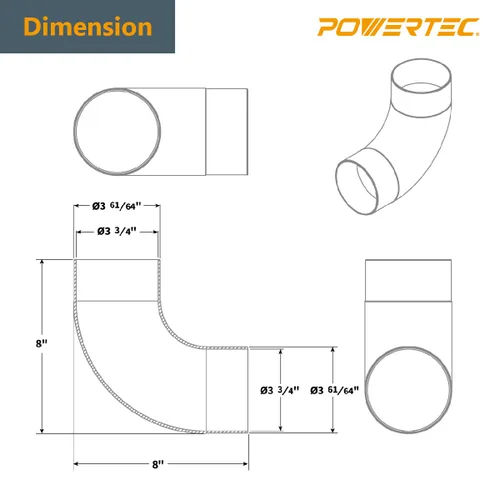 Miniatura 7 de POWERTEC Kit de manguito y codo flexible para recolección de polvo Se adapta a mangueras y tubos de 4 pulgadas