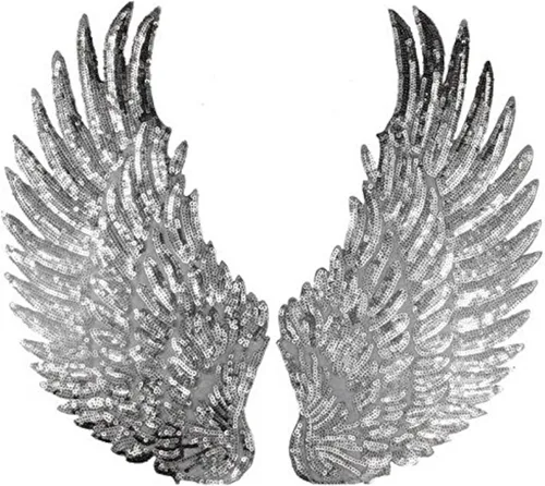 Parches grandes de lentejuelas con alas de ángel para planchar y coser con motivo bordado para ropa de bricolaje (plateado)