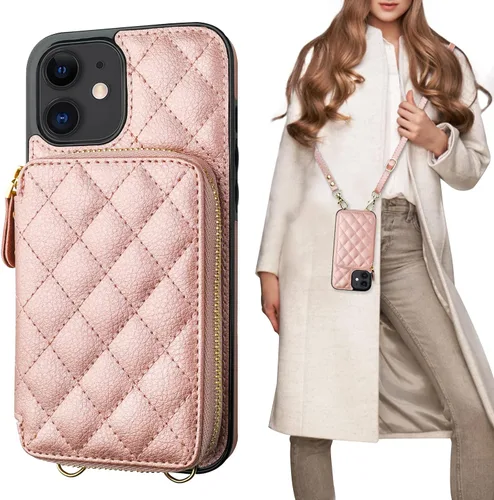 Miniatura 12 de Bocasal Funda tipo cartera cruzada para iPhone 12/12 Pro, bloqueo RFID, de piel sintética, con cremallera, bolso cartera con tapa plegable, funda