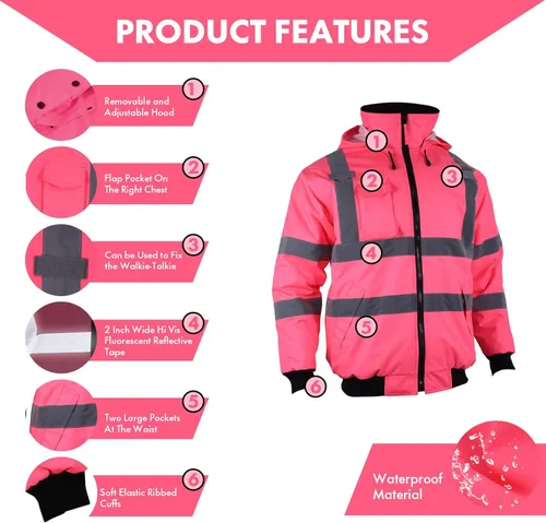 Miniatura 3 de Chaqueta reflectante de alta visibilidad para mujer, impermeable, seguridad ANSI, abrigo de bombardero de invierno, sudadera con capucha Hi Vis