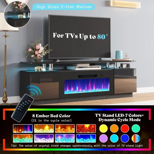 Miniatura 3 de AMERLIFE Soporte de TV con chimenea de 36 pulgadas, luces LED modernas para centro de entretenimiento de 70 pulgadas, armario de consola de TV de 2
