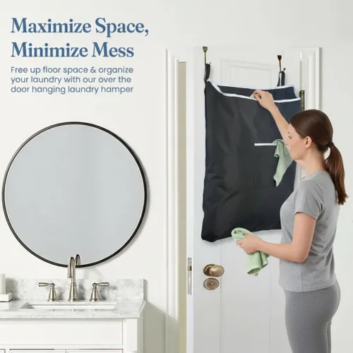 Miniatura 3 de The Fine Living Co. Cesta de lavandería colgante extragrande con ganchos para la puerta y adhesivo, bolsa de lavandería duradera que ahorra espacio