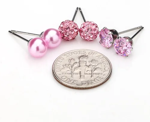Miniatura 50 de JewelrieShop - Juego de aretes de tuerca de acero inoxidable con circonitas cúbicas y perlas de imitación, 3 pares de 0.236 in
