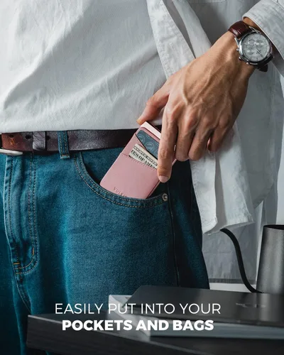 Miniatura 6 de VULKIT Cartera desplegable para tarjetas de crédito con ranuras de cuero adicionales con bloqueo RFID, funda delgada de metal para tarjetas, Rosa