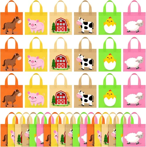 Sweetude 36 bolsas de regalo de fiesta de animales de granja, bolsas de regalo de granjero para niños, bolsa no tejida reutilizable de granja