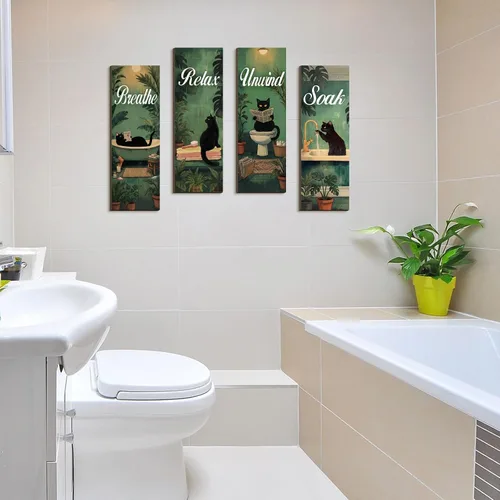 Miniatura 6 de Honoson 4 piezas de arte de pared de baño de gato negro y verde, decoración de pared de baño en negro y verde, para remojar y relajar, respirar