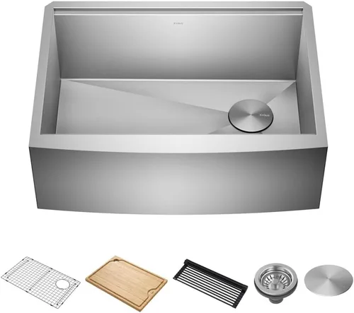 KRAUS Kore KWF210-27 - Fregadero de cocina de acero inoxidable de calibre 16 con estación de trabajo de granja de 27 pulgadas con accesorios