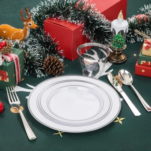 Miniatura 6 de BUCLA 350 platos de plástico plateado con cubiertos y servilletas de plástico desechables. Vajilla de plástico con borde plateado que incluye 50